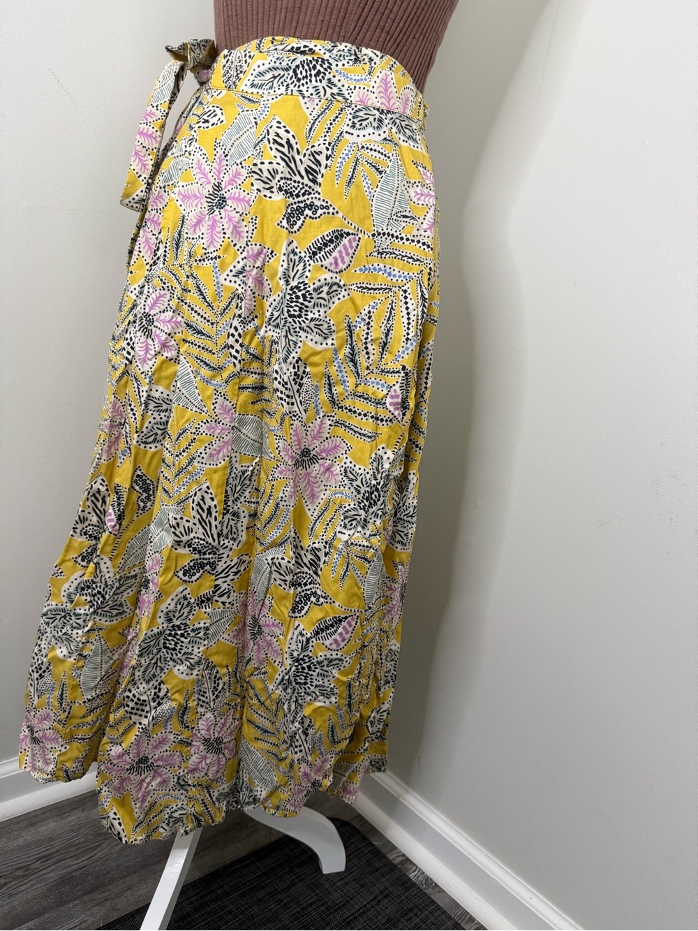 Marine Layer Yellow Maxi Wrap Skirt with Pink Floral and Black Leaf Print